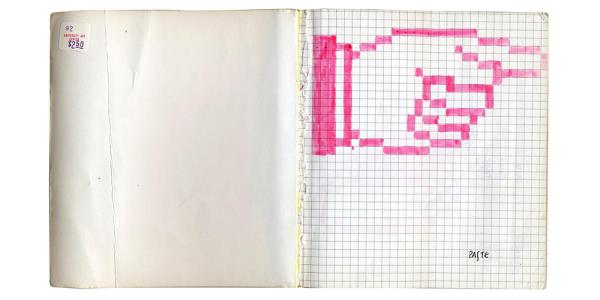 Pointing hand, designed in 1982 for an interview at Apple. Image courtesy of Susan Kare